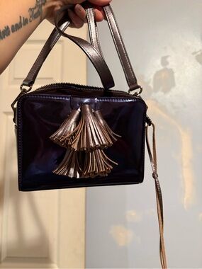 Rebecca Minkoff Blue-Purple Metallic Crsbdy Purse Gray Metallic Tassels Detail